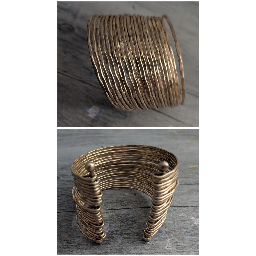 Gold Tone Multi Strand Wire Cuff Bracelet Hammered Textured Statement Wide